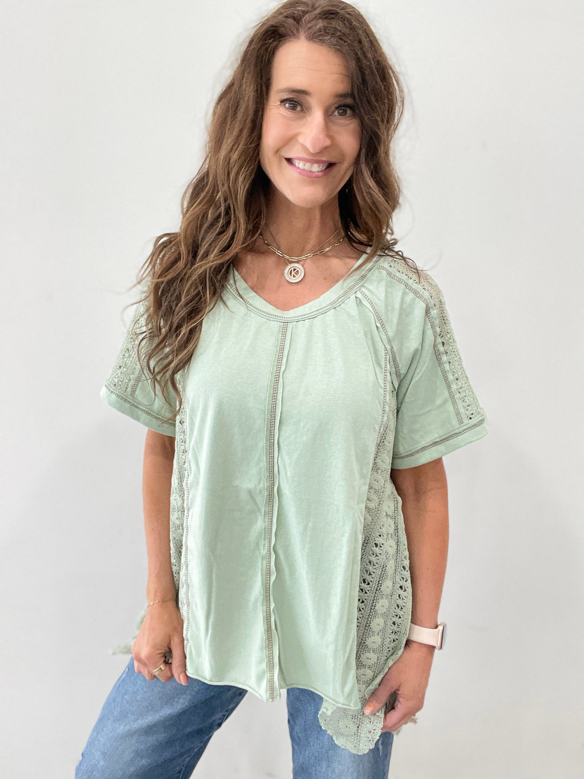 Pol Loose And Lacy Short Sleeve Top In 2 Colors: Black, Green *Final Sale*