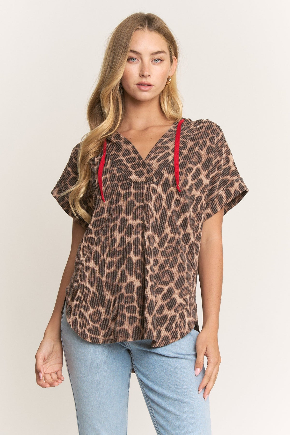 Animal Print Split Neck Drawstring Relaxed Top In Taupe/Brown *Final Sale*