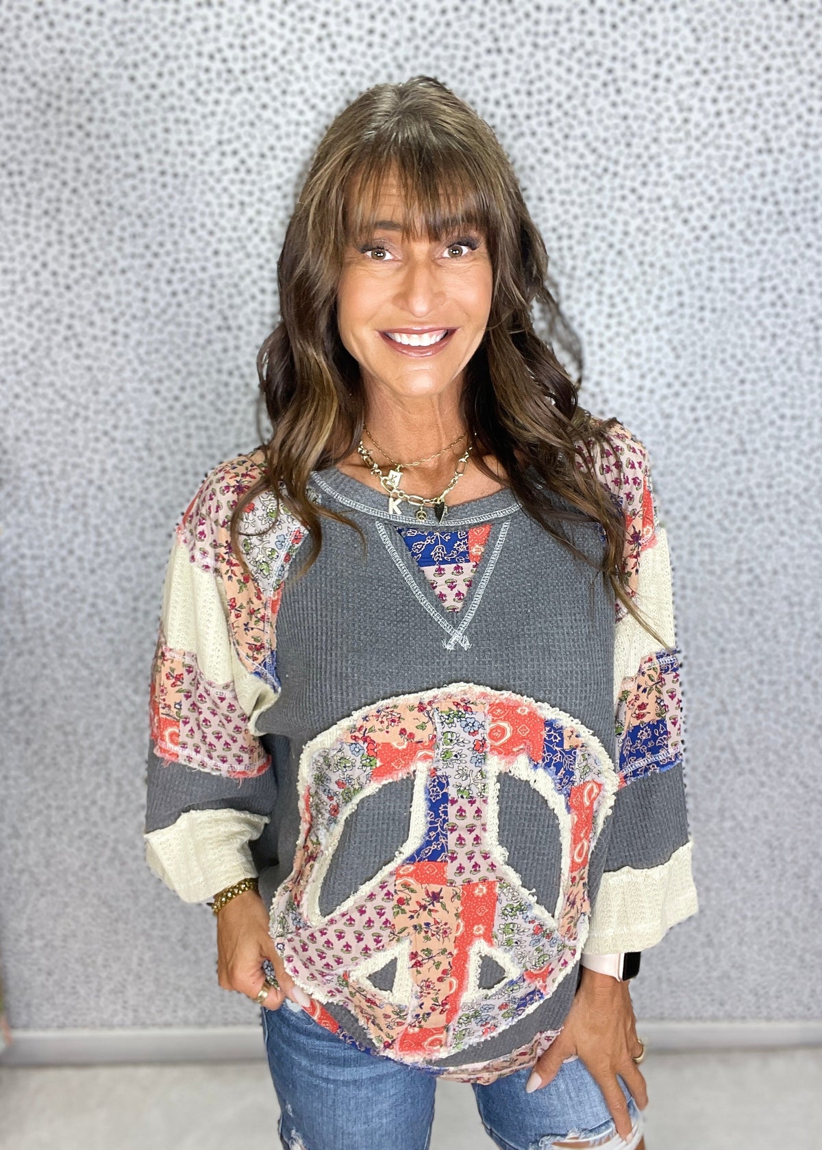 POL Patchwork Peace Times Top In Charcoal *Final Sale*