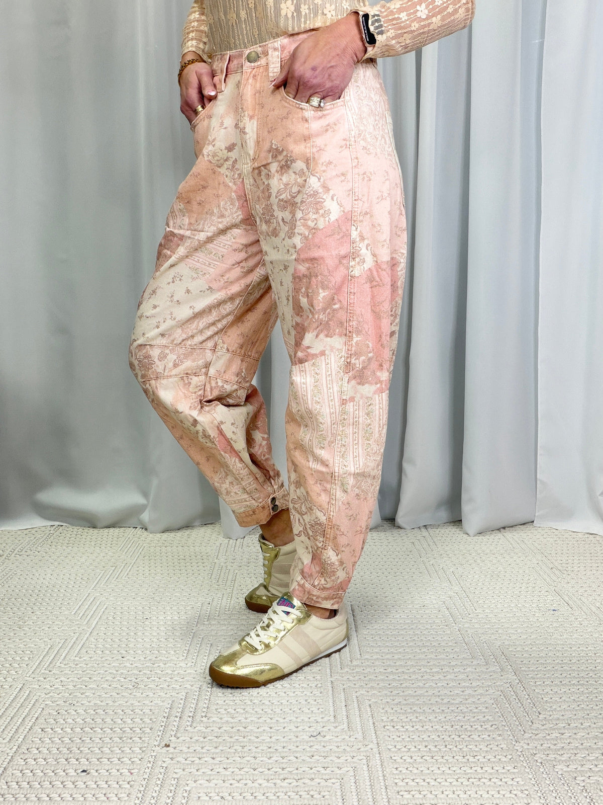 Til The Sun Rises Patchwork Printed Barrel Pants In Rose