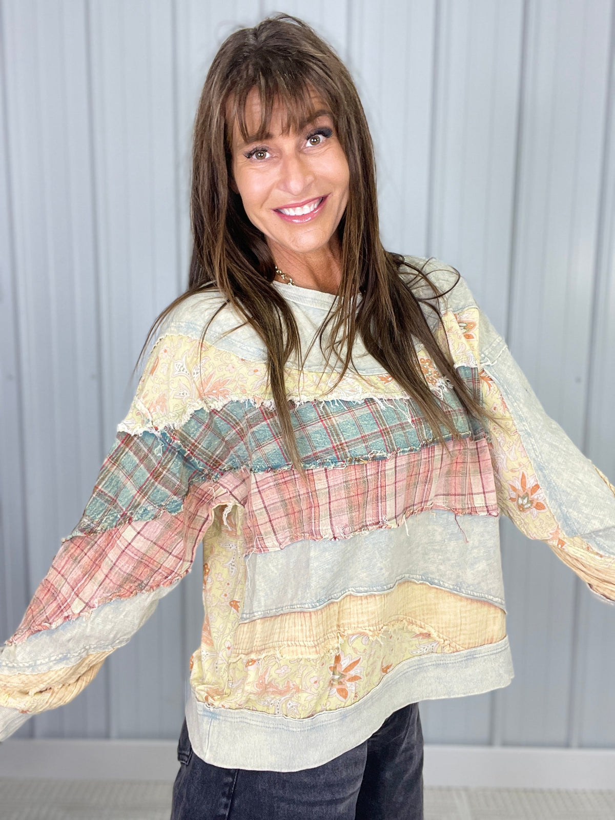 Oli & Hali All Of This Mix Fabric Long Sleeve Top In 2 Colors