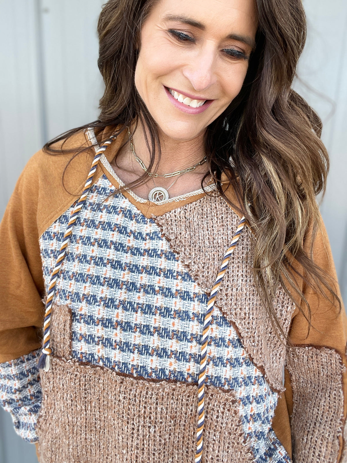Oli & Hali Struck By You Tweed Patchwork Hoodie Top In 2 Colors *Final Sale*