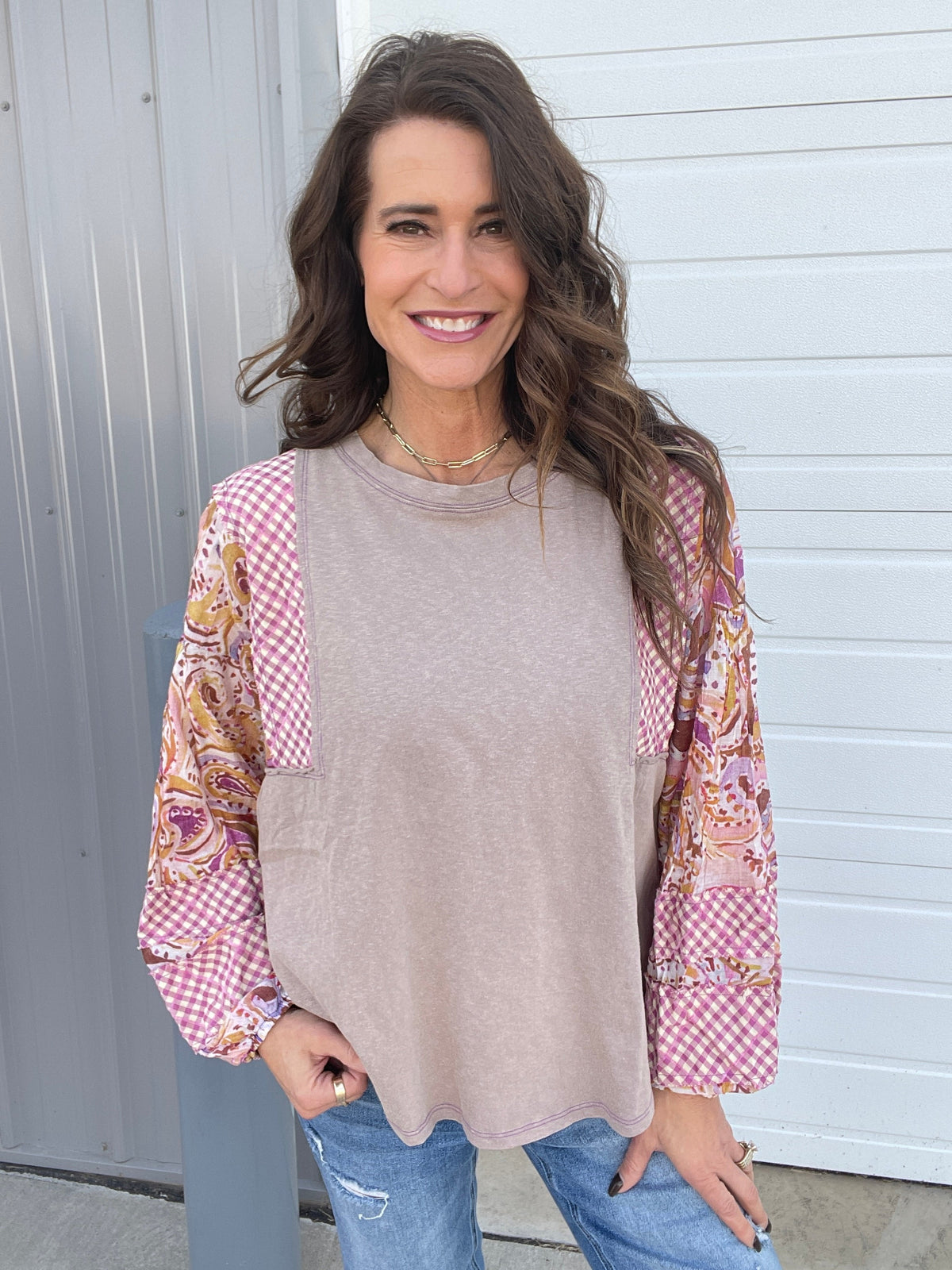 Show Me Around Mix Print Top In 5 Colors: Grey, Khaki, Camel, Olive, Mushroom *Final Sale*