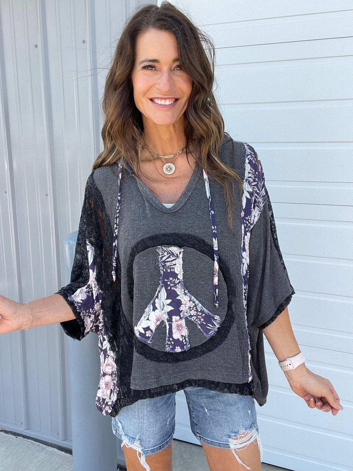 Pol Peace Be With You Short Sleeve Hoodie Top In 6 Colors: Ivory, Charcoal, Pink, Sage, Peach, Aqua *Final Sale*