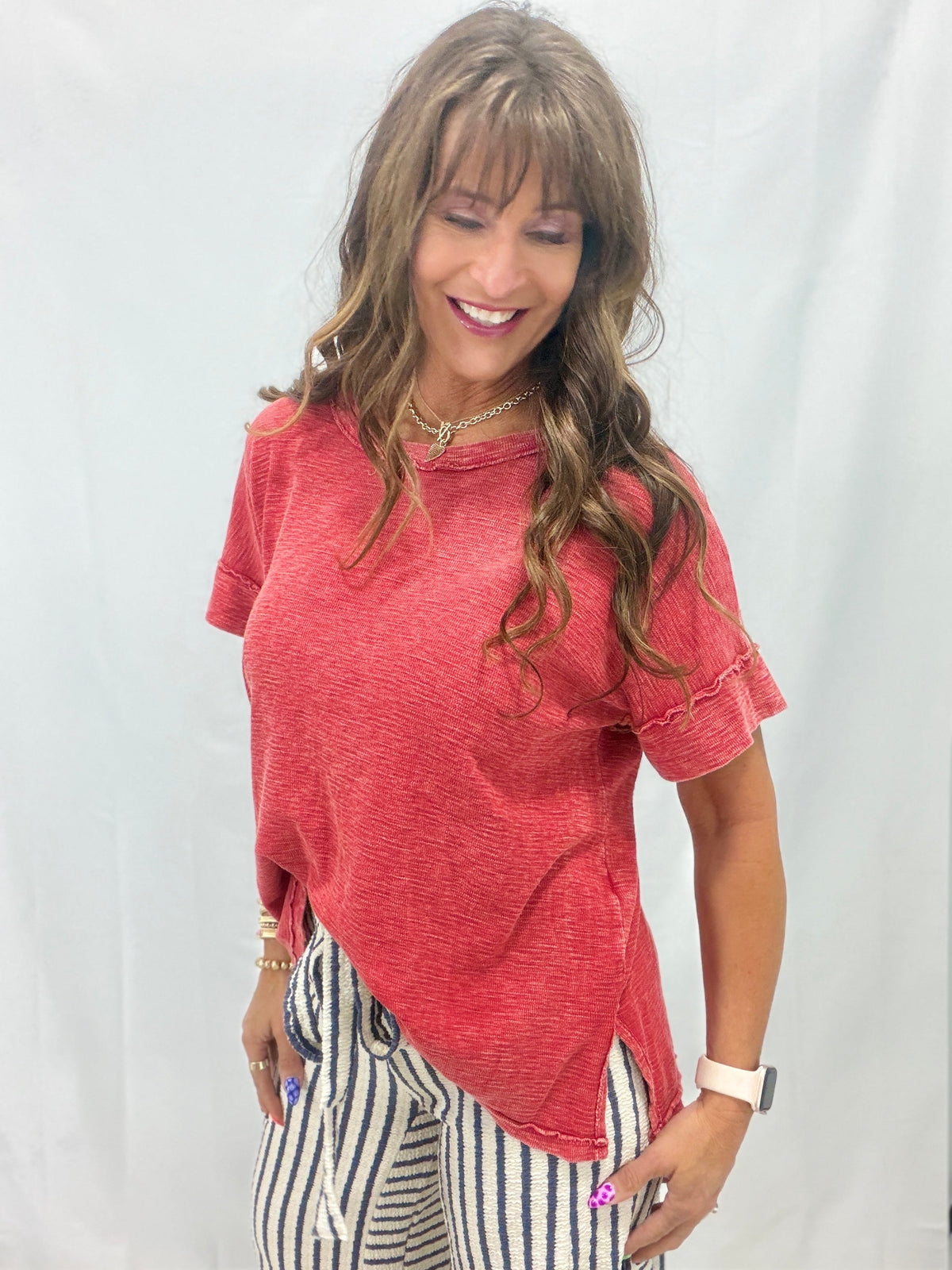 Cozy Crush Mineral Washed Scoopneck Top In Red