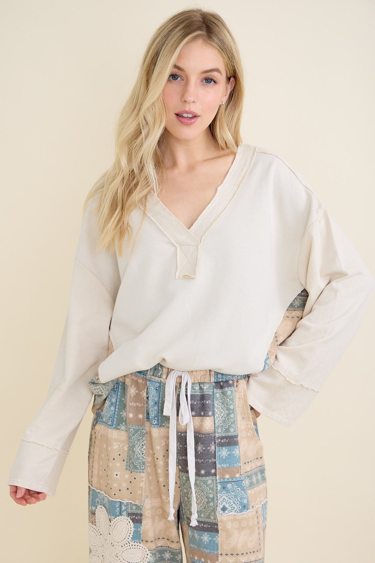 Delicate Days Boho Bandana Patch Top In Natural *Final Sale*