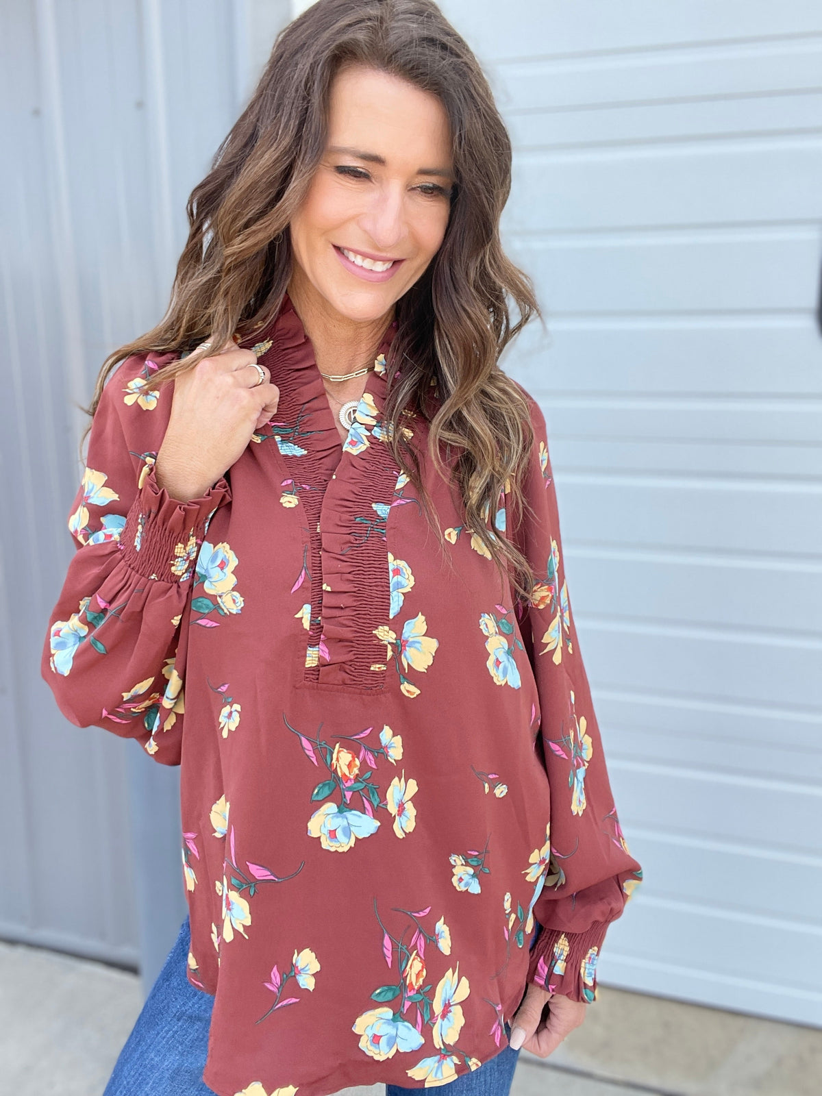 Beautiful Bliss Printed Woven Blouse In 2 Colors: Rose, Expresso *Final Sale*