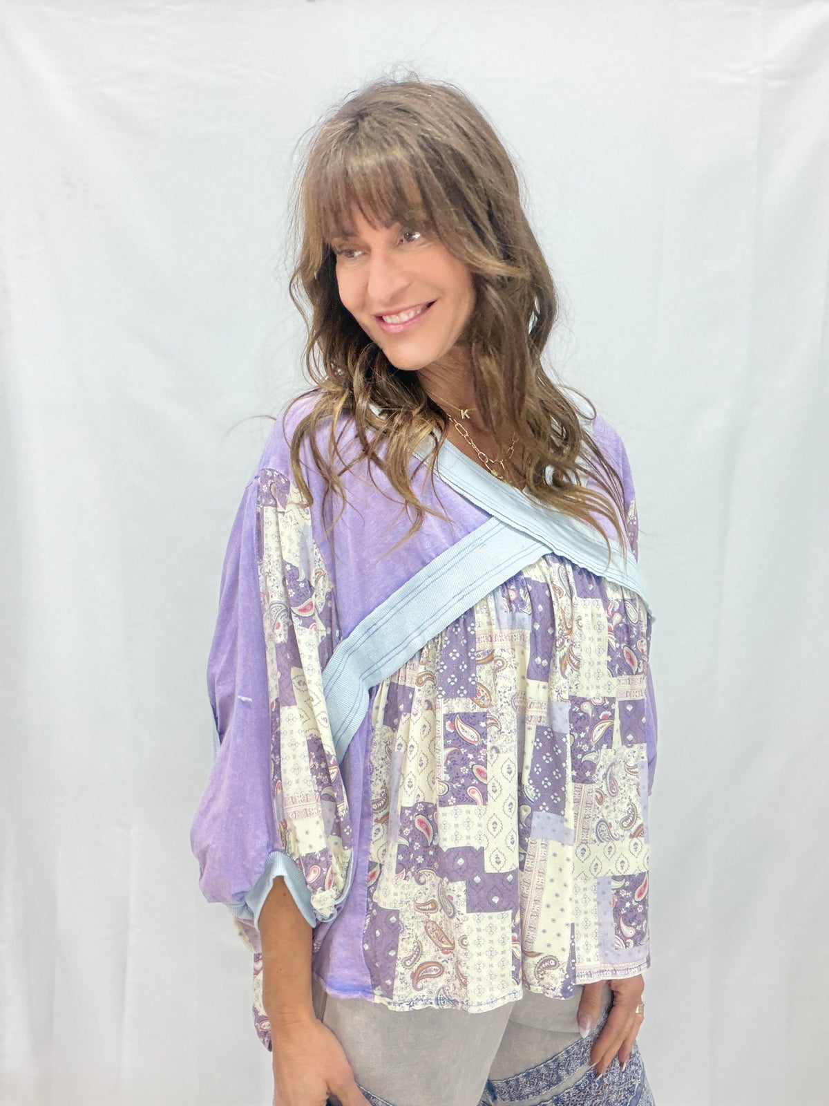 Oli & Hali Late One Night Crossed Patchwork Top In 2 Colors