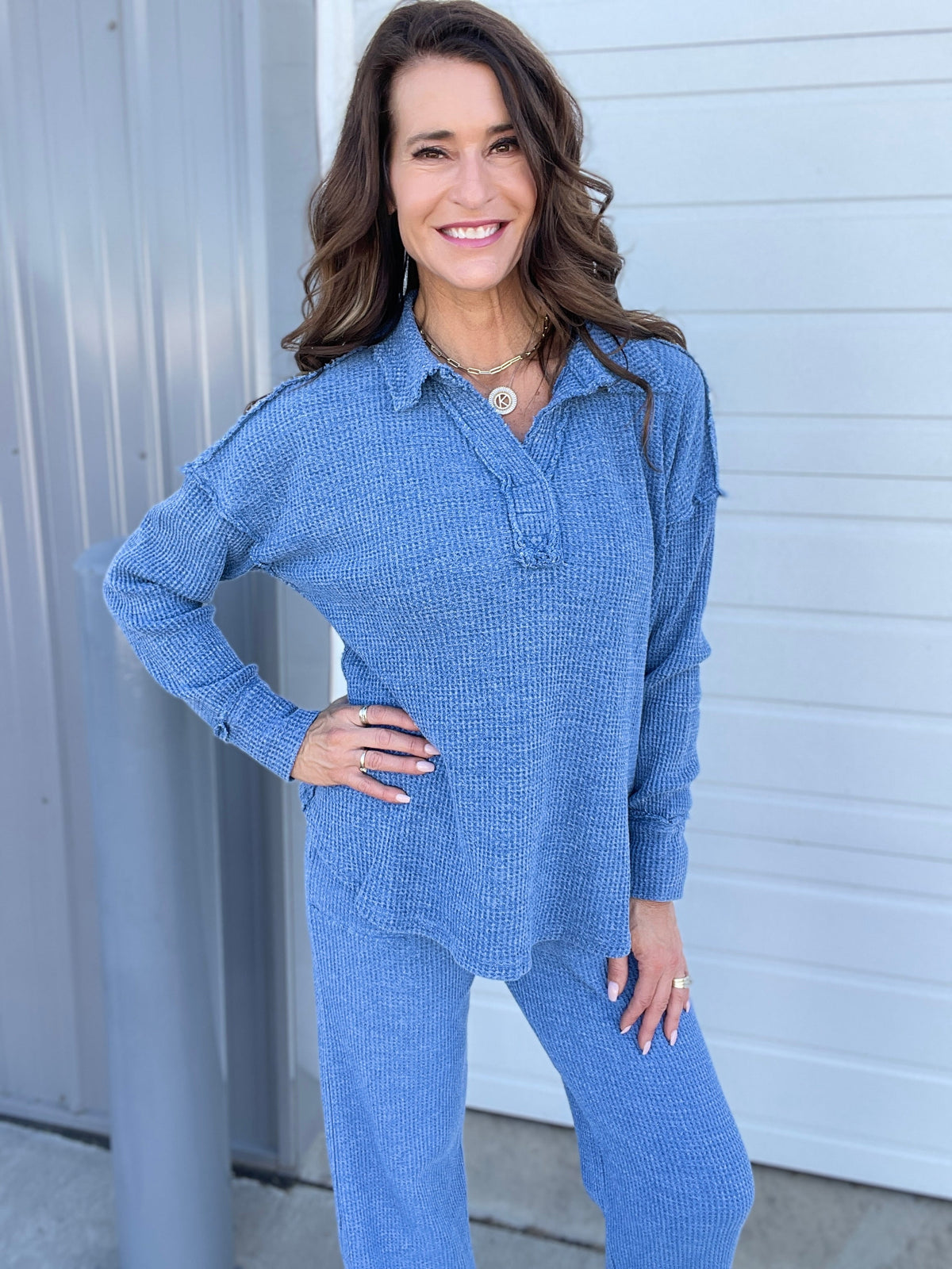 On To The Weekend Cotton Waffle Knit Top In 3 Colors: Black, Brown, Blue