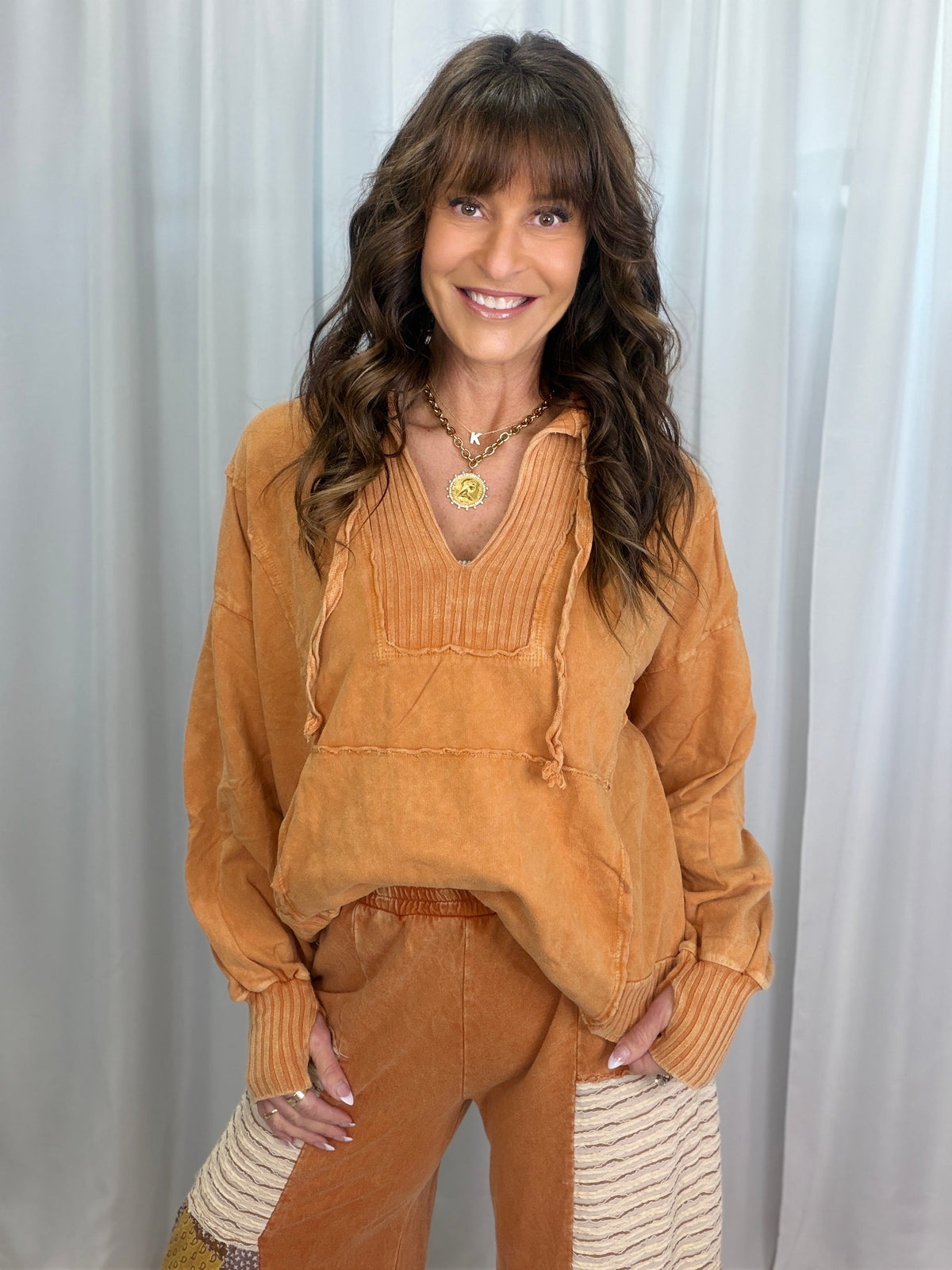 Lucky Lady Ribbed Accent Lightweight Hoodie Top  In 3 Colors