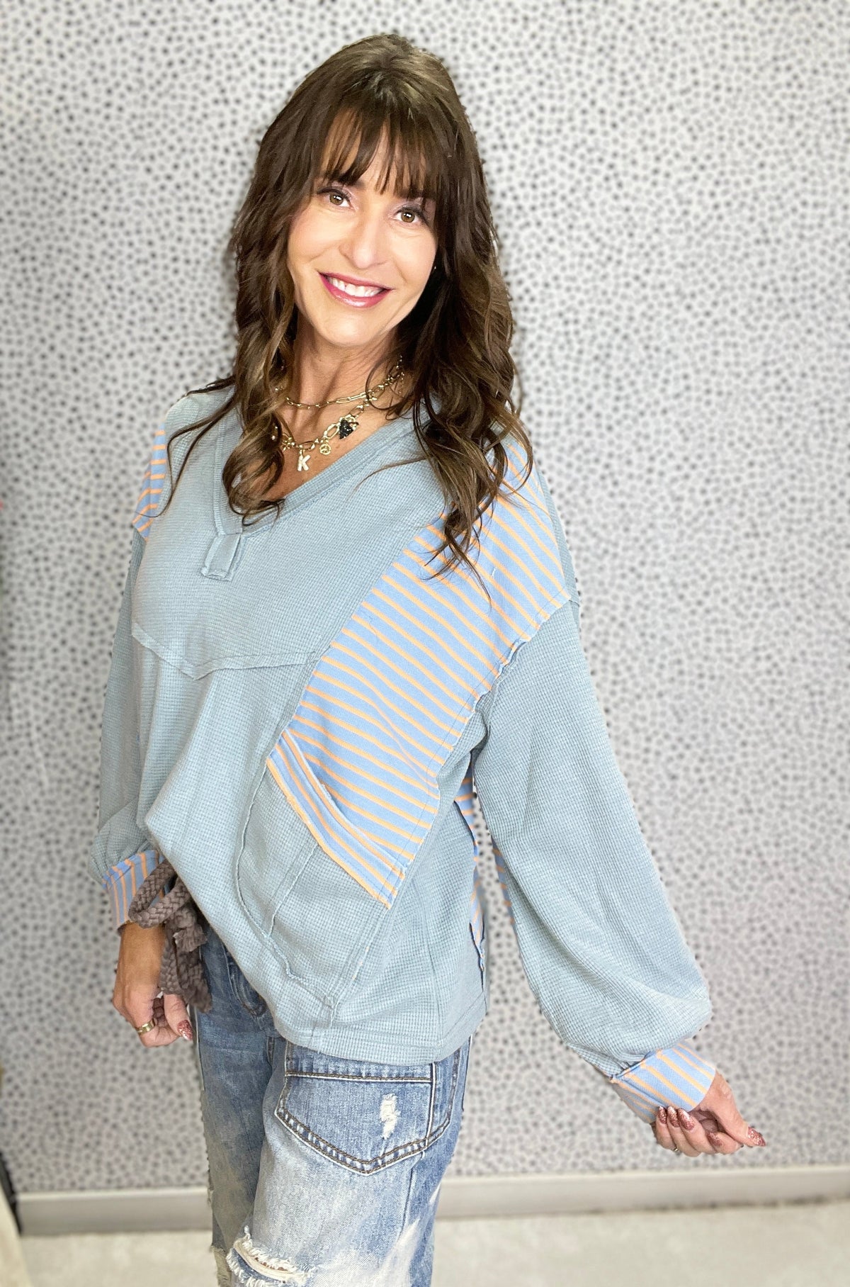 POL Woven Whimsy V-Neck Long Sleeve Top In Blue *Final Sale*