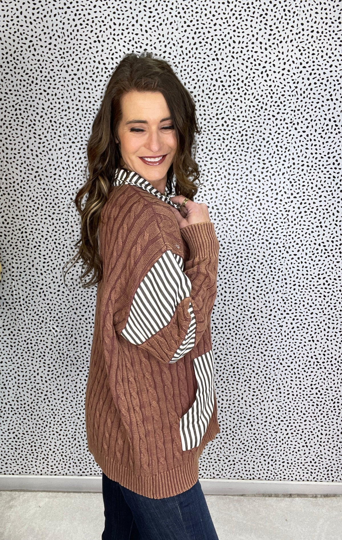POL MVP Status Roomy Fit Long Sleeve Sweater In Brown *Final Sale*