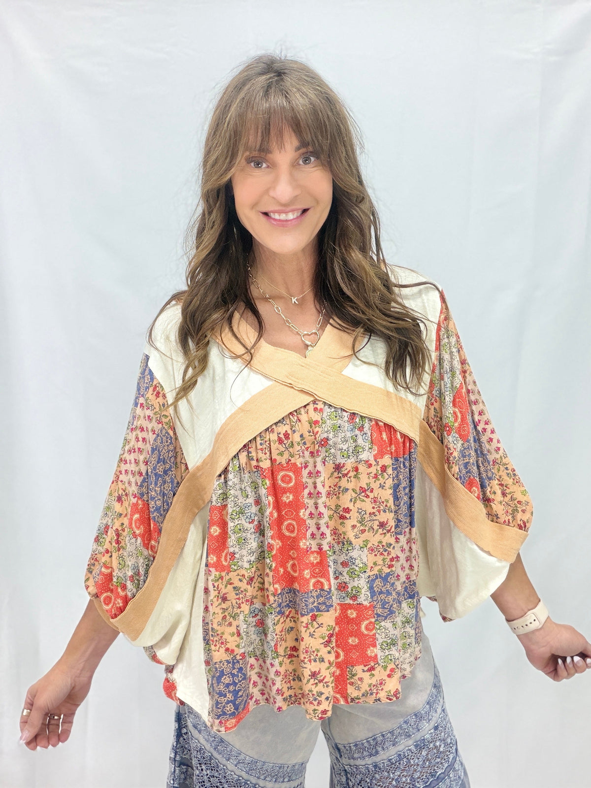 Oli & Hali Late One Night Crossed Patchwork Top In 2 Colors