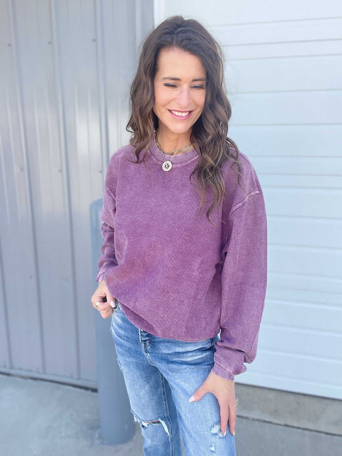 Italian Plum Snow Washed Corded Crewneck Pullover Sweatshirt