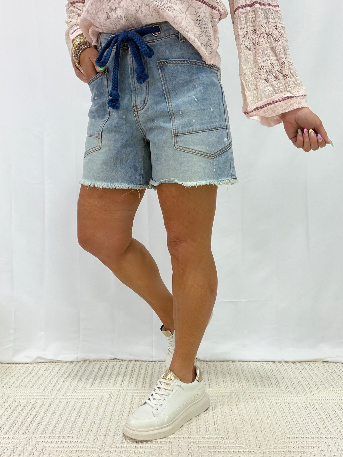 Oli & Hali Rhythm Keeper Distressed Shorts In Denim