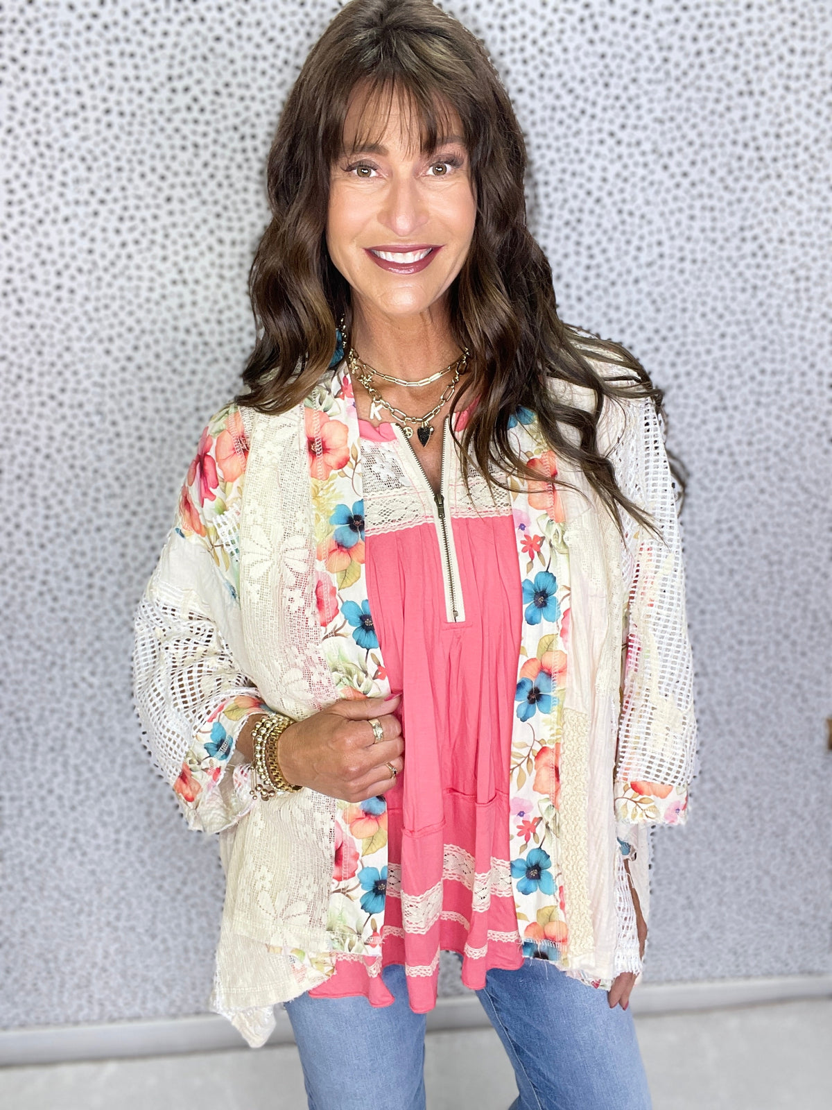 POL Dynamic Flare Open Floral Pattern Cardigan In Natural