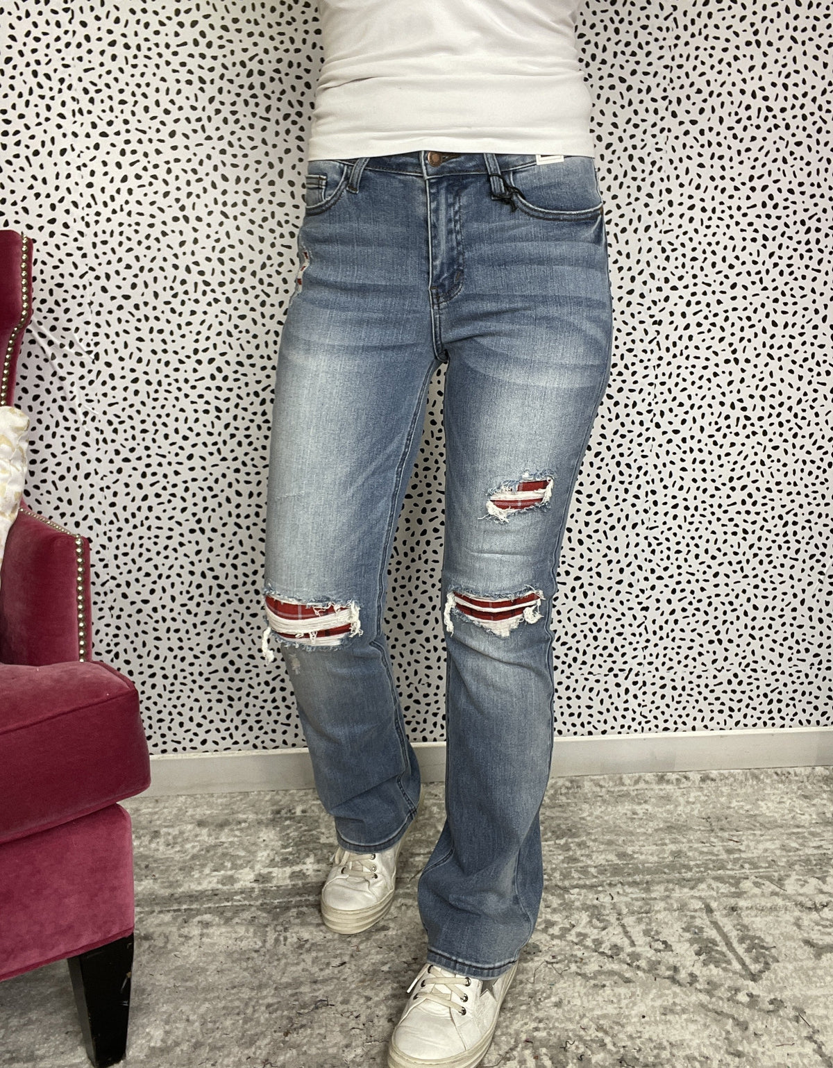 Judy Blue Holly Plaid Patch Boot Cut Jeans 696