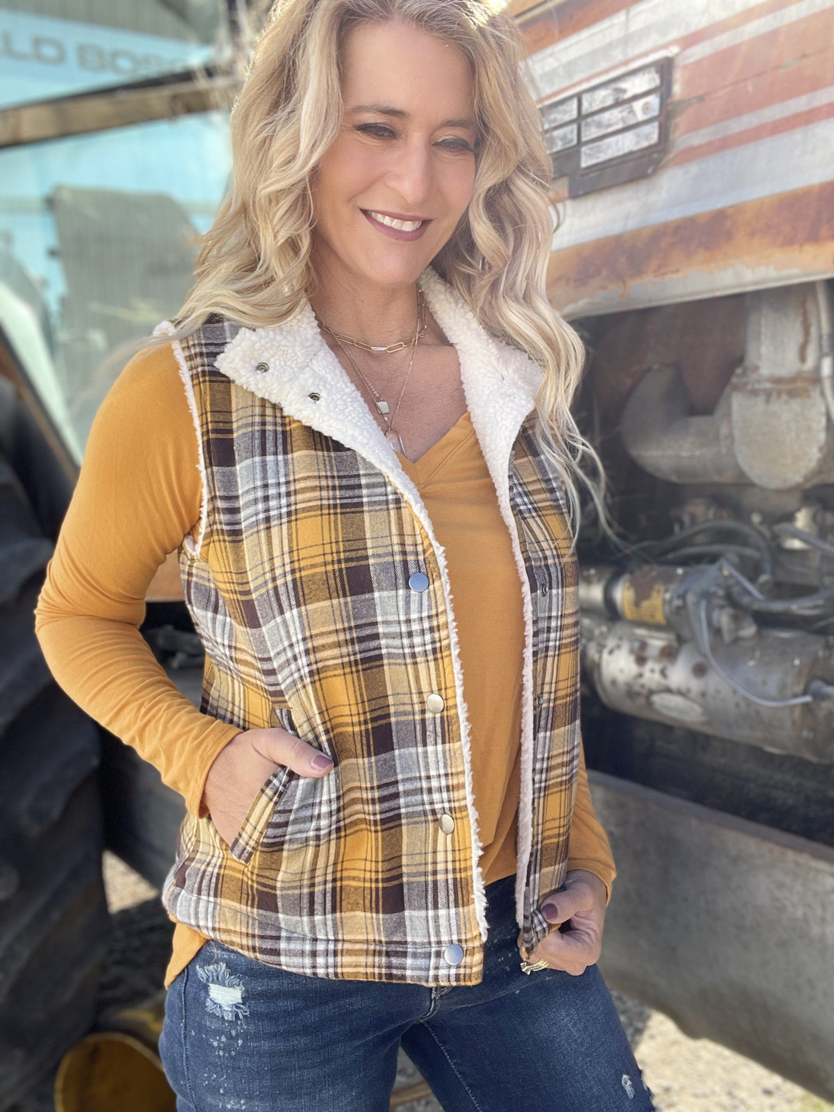 Golden Fields Plaid Sherpa Lined Vest *Final Sale*