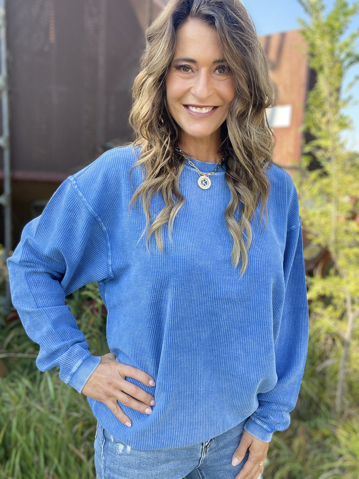 Snow Washed Essential Corded Crew Sweatshirt in Royal