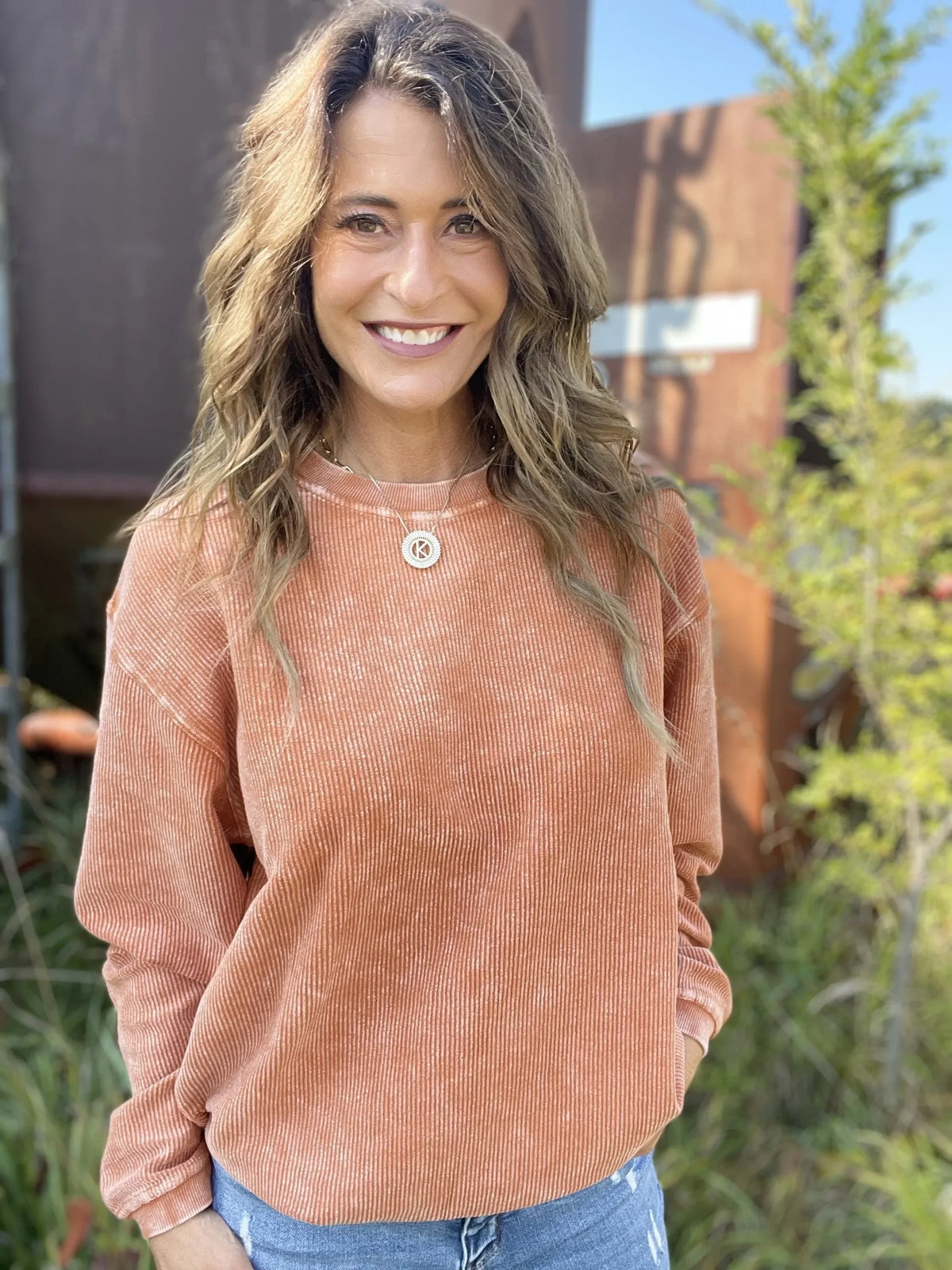 Snow Washed Essential Corded Crew Sweatshirt in Rust