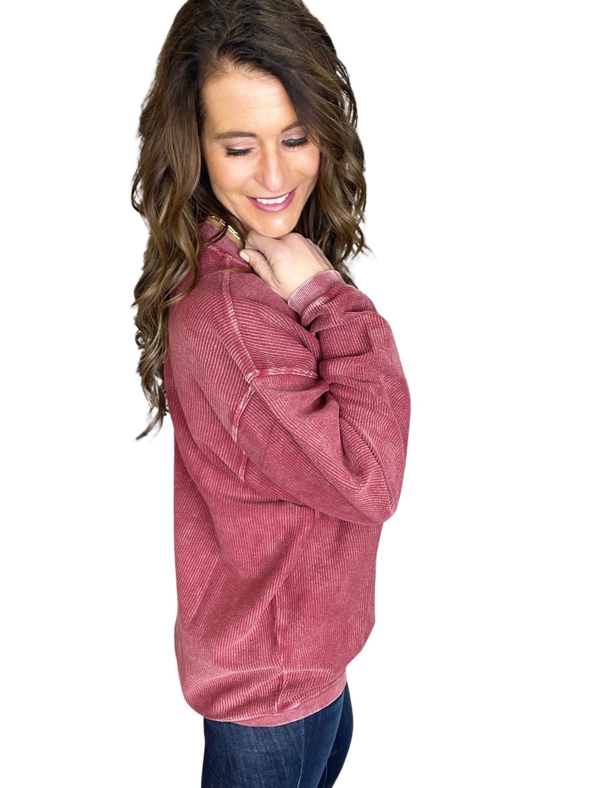 Snow Washed Essential Corded Crew Sweatshirt in Wine