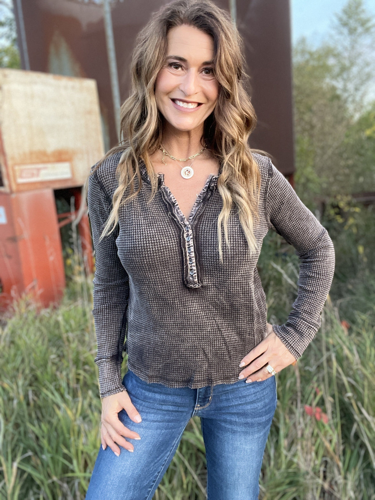 Up For It Washed Henley Waffle Top In 5 Colors *Final Sale*