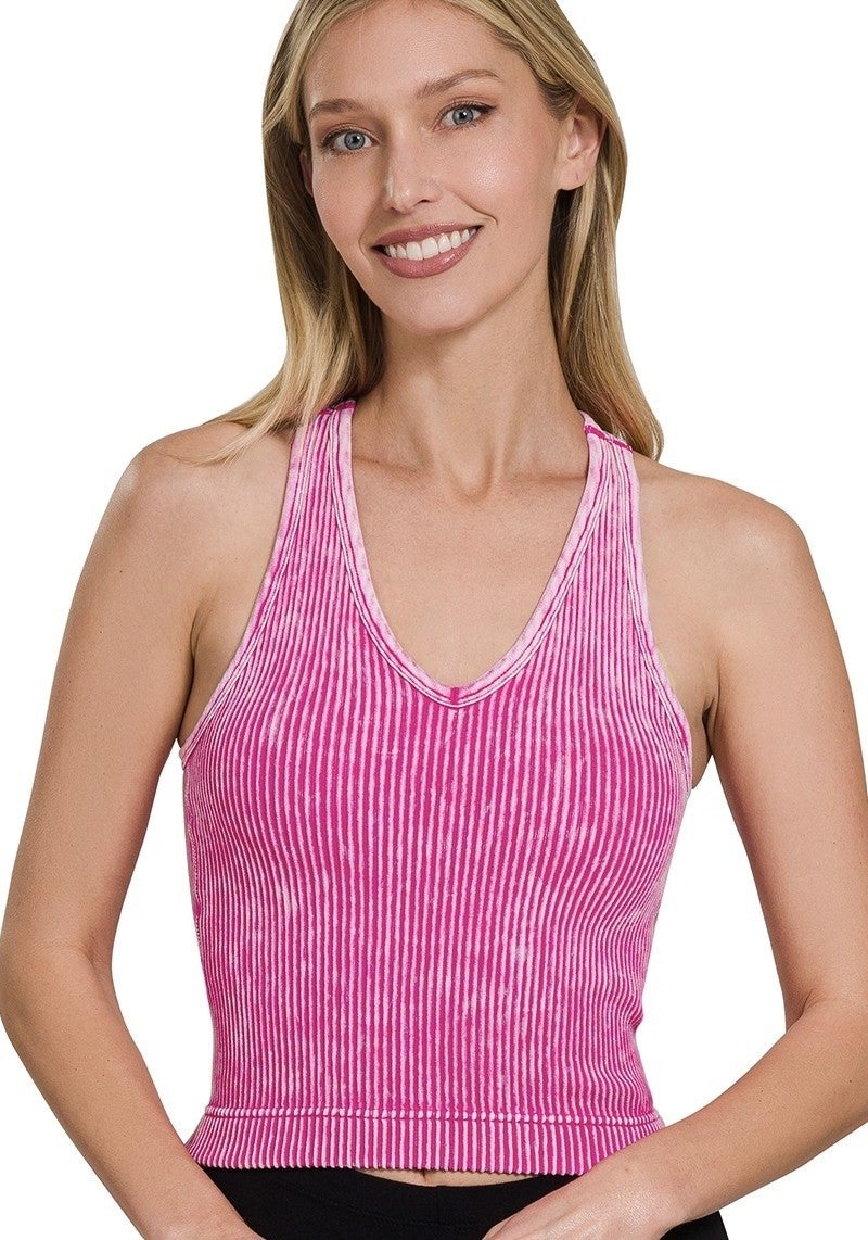 Mineral Wash Ribbed Padded Bra V-Neck Tank Top 4 Colors