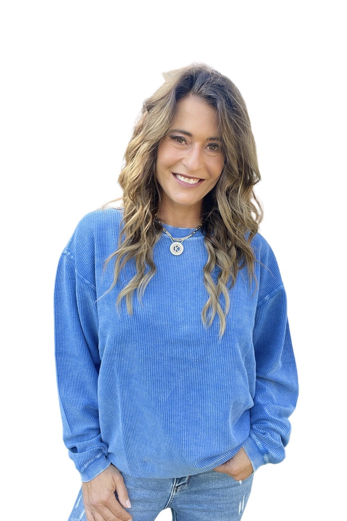 Snow Washed Essential Corded Crew Sweatshirt in Royal