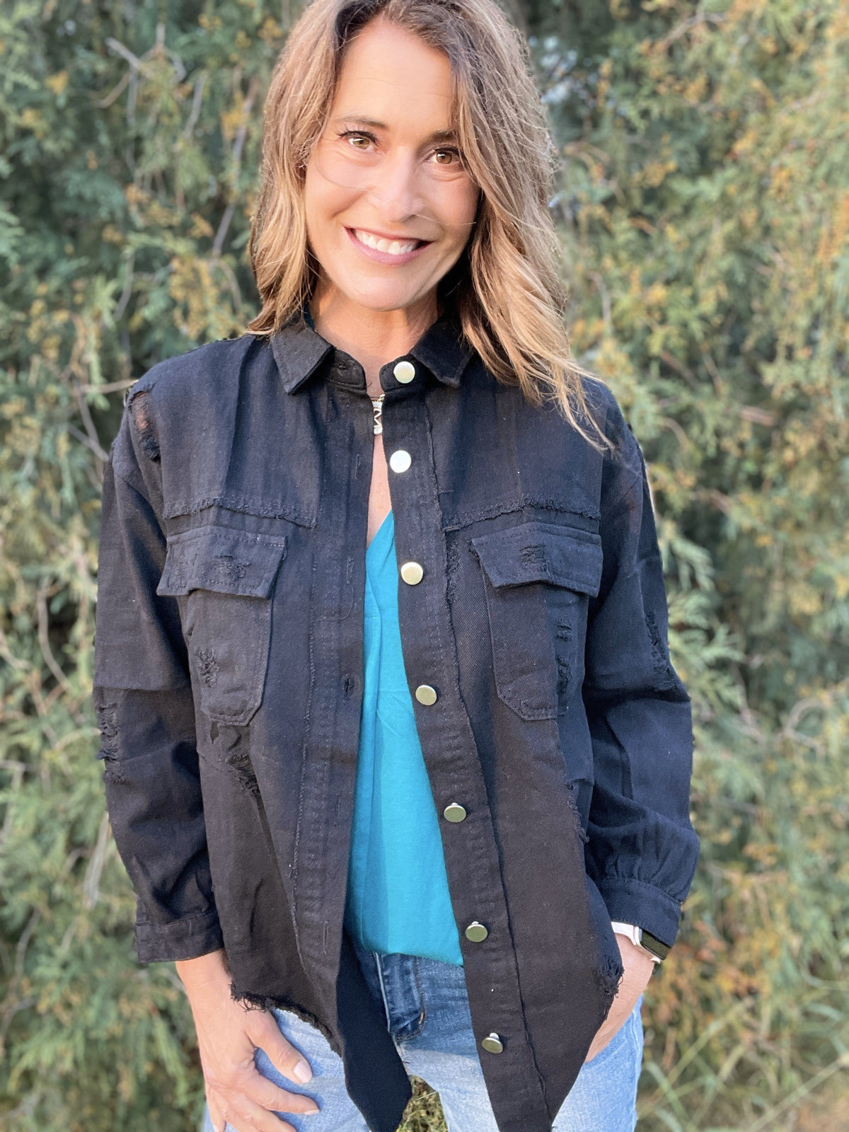 Distracted Measures Distressed Shirt Jacket *Final Sale*