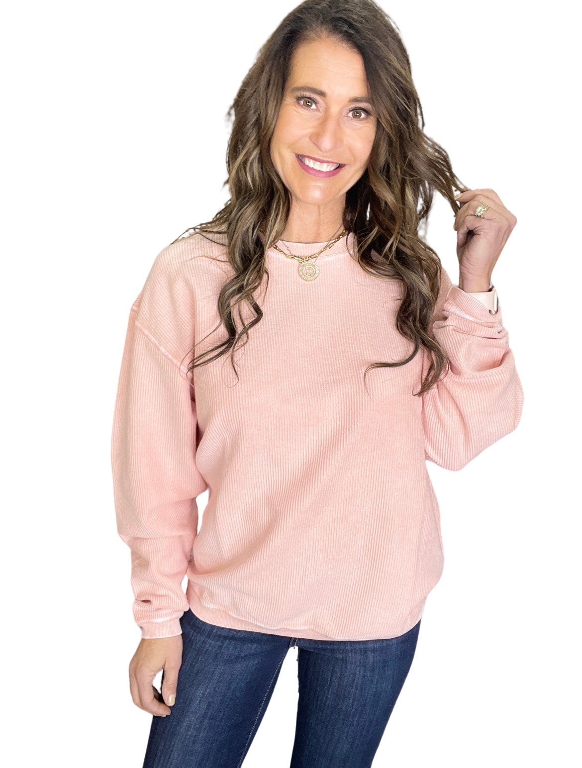Snow Washed Essential Corded Crew Sweatshirt in Tangelo