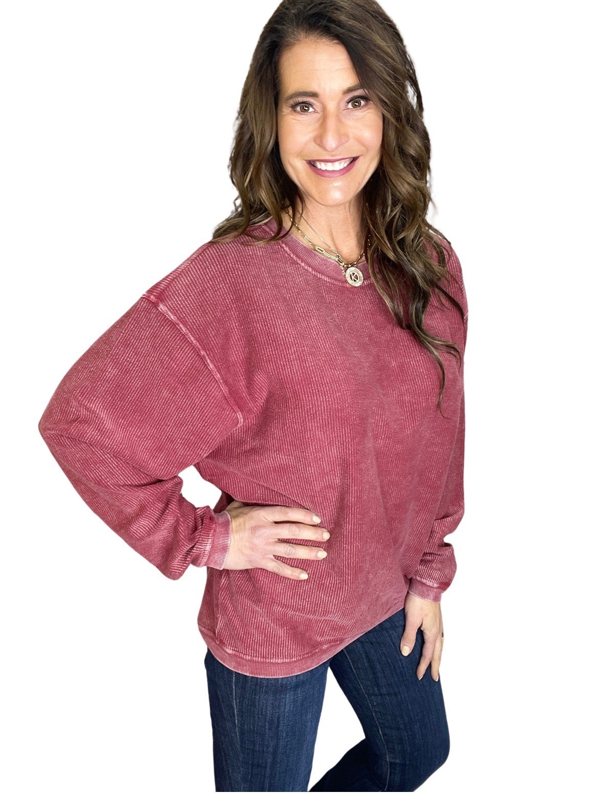 Snow Washed Essential Corded Crew Sweatshirt in Wine