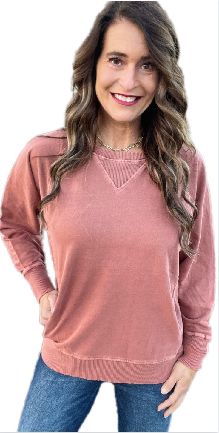 Cloud Wash Weekender Pullover With Pockets In Rust *Final Sale*