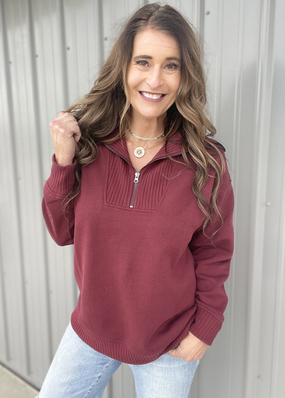 Connect With Me Ribbed Details Quarter Zip Pullover