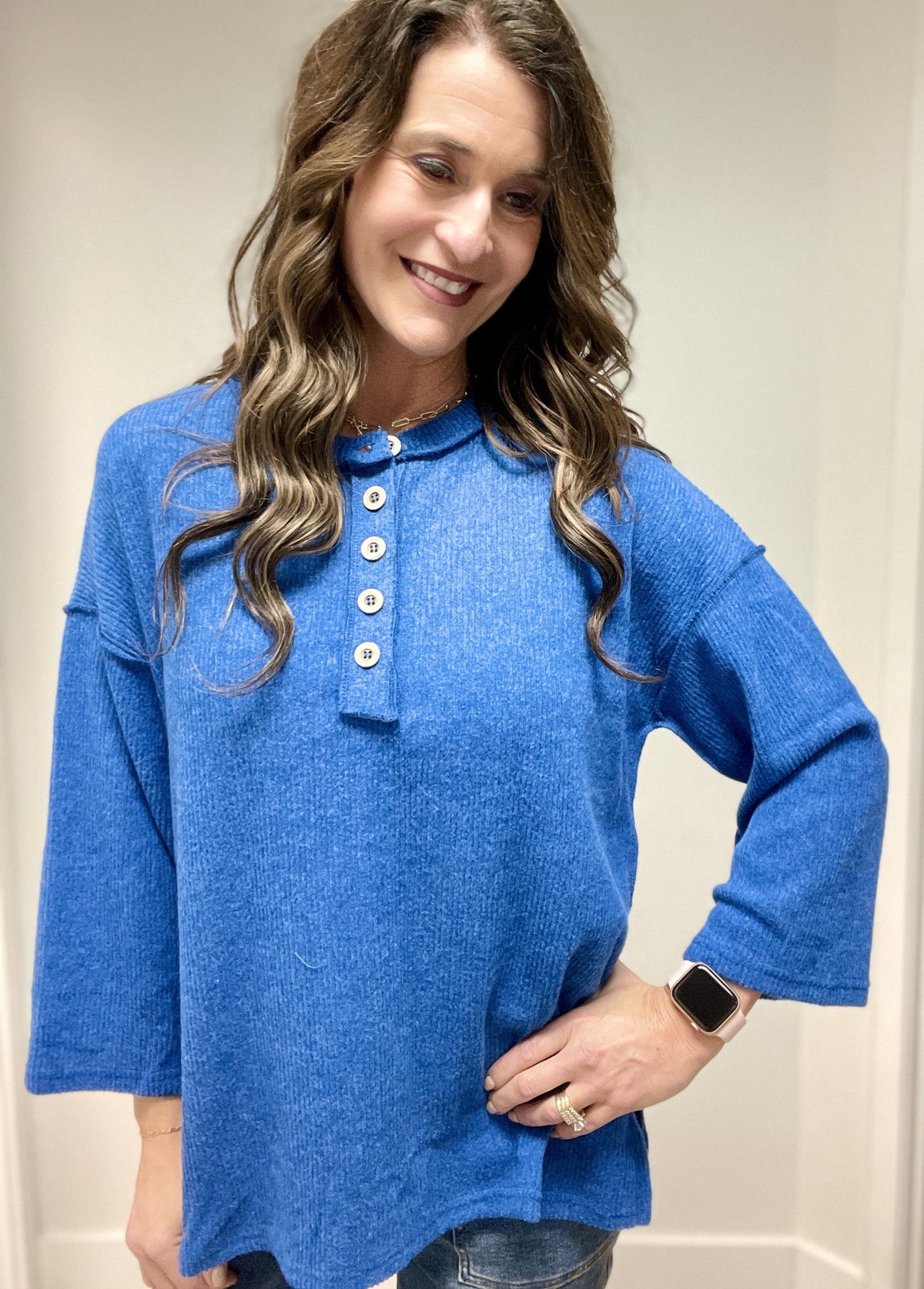 Button Me Up Brushed Ribbed Top in Royal Blue *Final Sale*