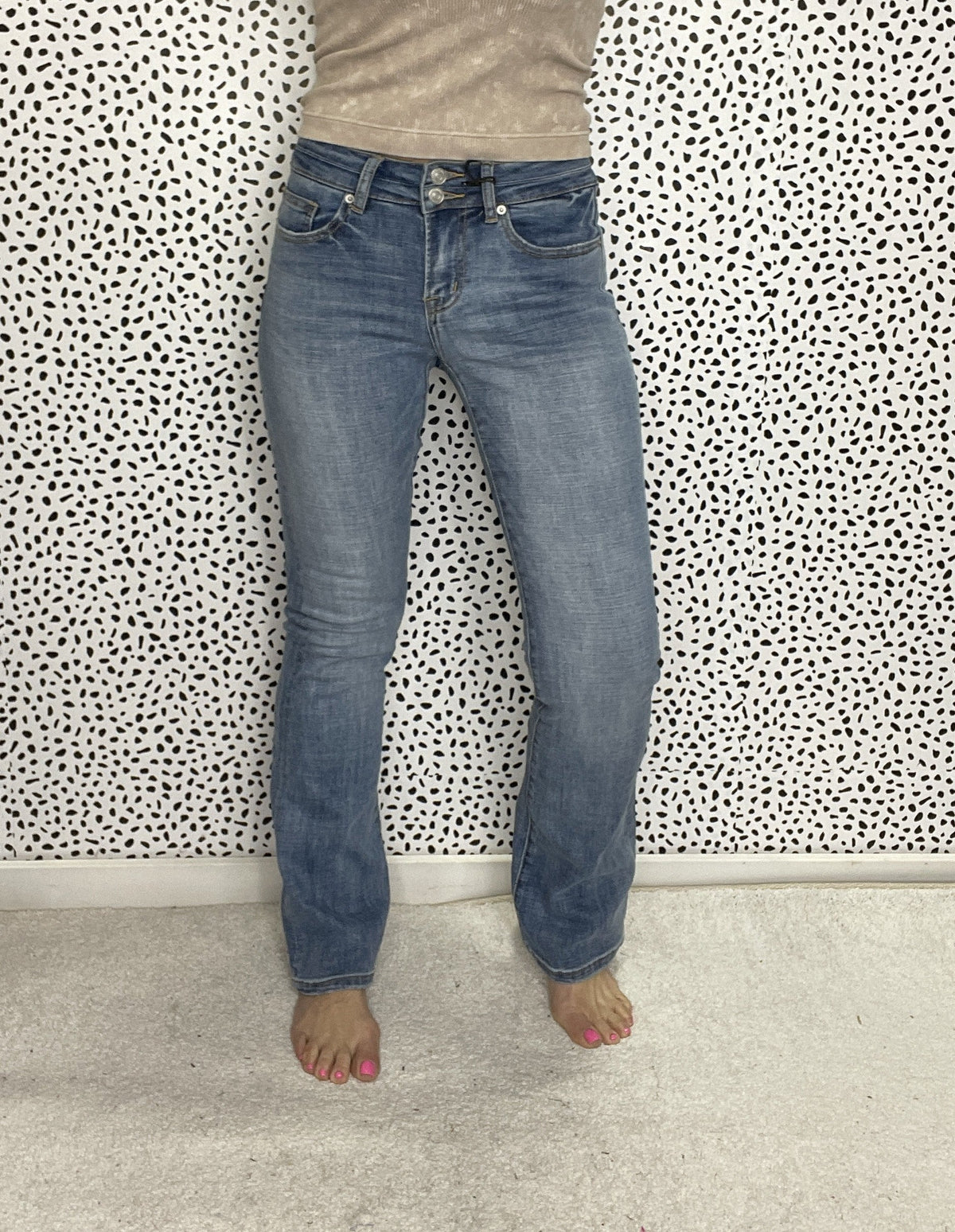 Mica Dacota Mid Rise Double Button Minimal Distress Bootcut Jeans 601