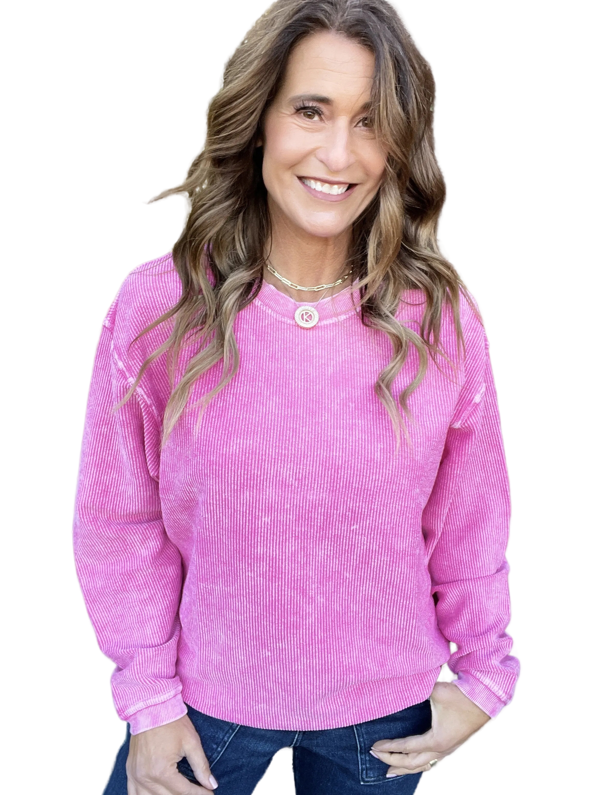 Snow Washed Essential Corded Crew Sweatshirt in Deep Pink