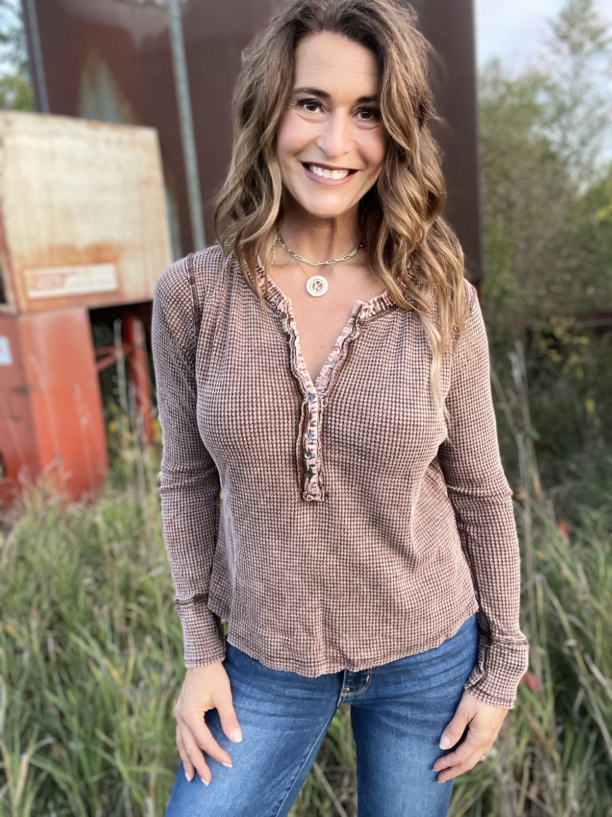 Up For It Washed Henley Waffle Top In 5 Colors *Final Sale*
