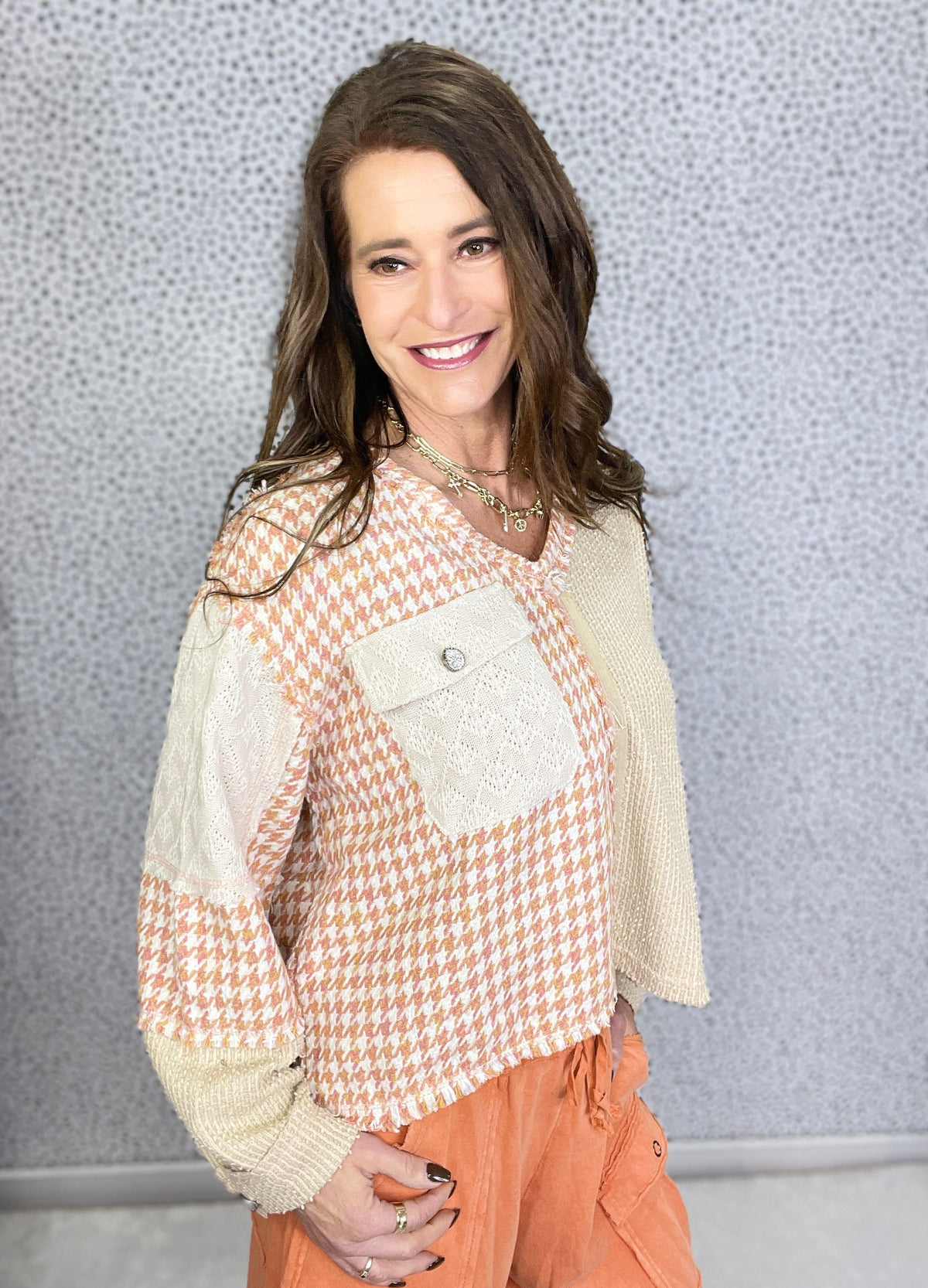 POL Steady And True Tweed Patch Long Sleeve Top In 2 Colors *Final Sale*