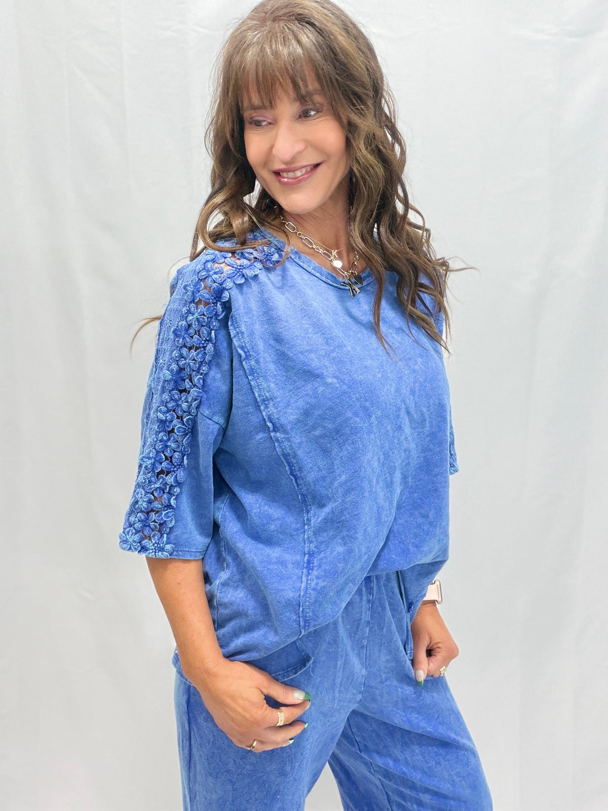 Petal Pusher Mineral Washed Flower Trim Lounge Top In 4 Colors