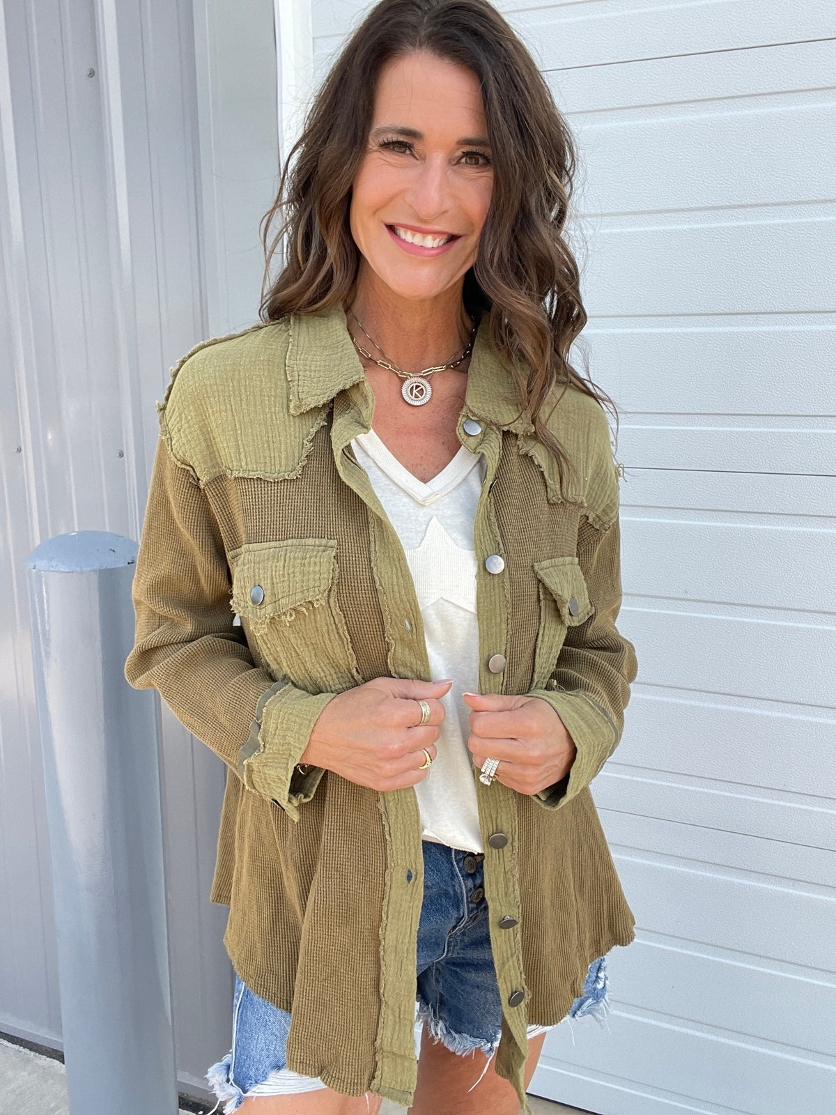 Pol Ready Set Go Thermal Knit And Gauze Button Front Shirt In 3 Colors: Ivory, Navy, Olive *Final Sale*