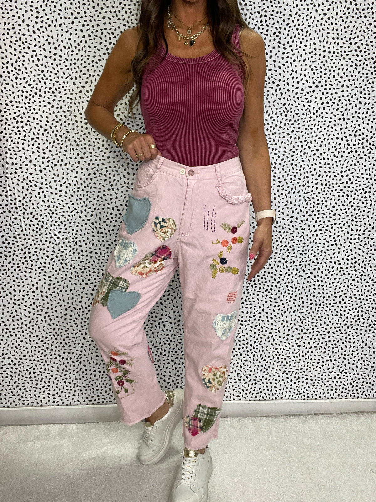 Multi Hearts Patch Work Pants In 2 Colors