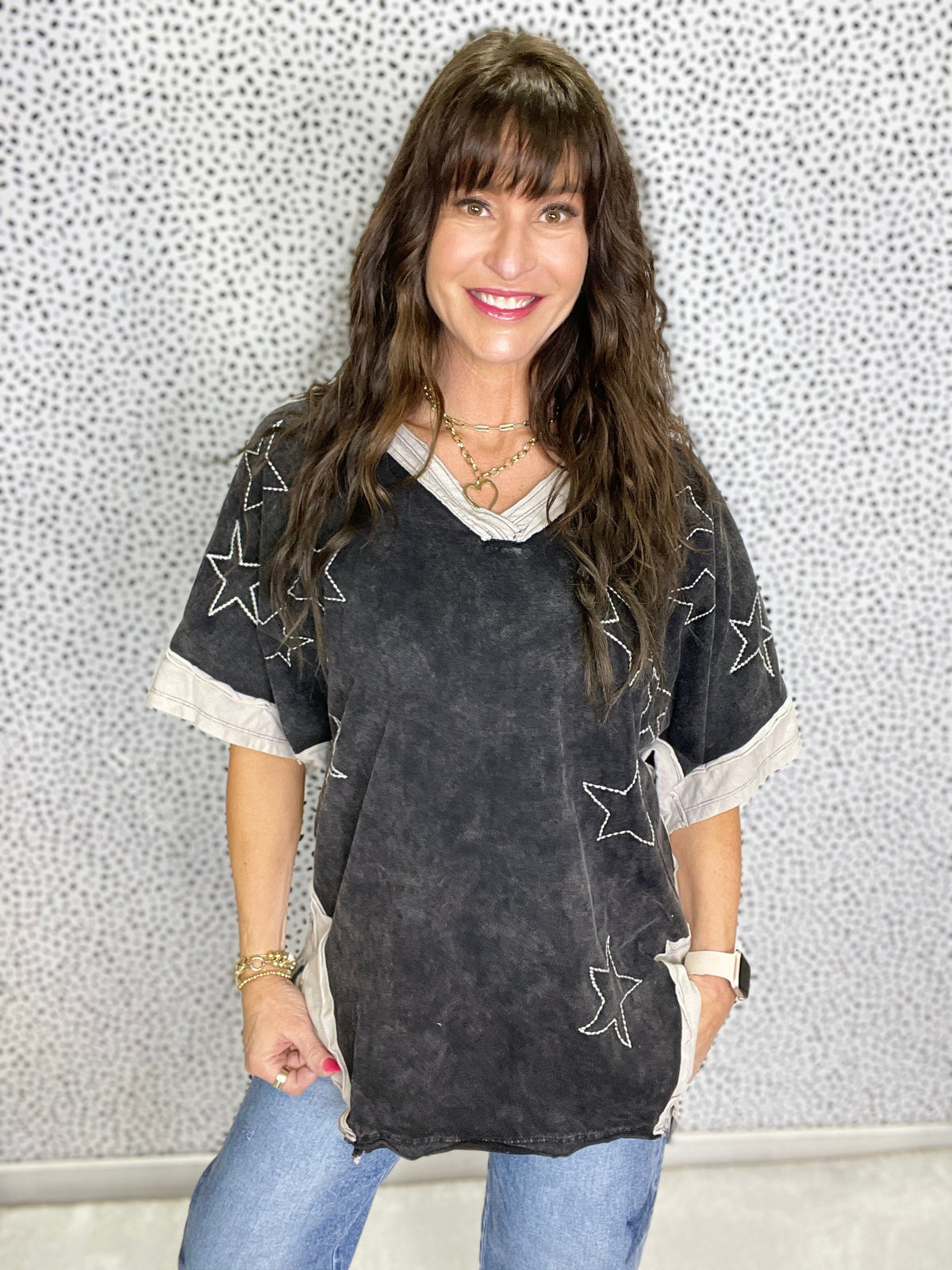 You Make A Wish Mineral Washed V-Neck Star Stitch Tunic In 2 Colors *Final Sale*