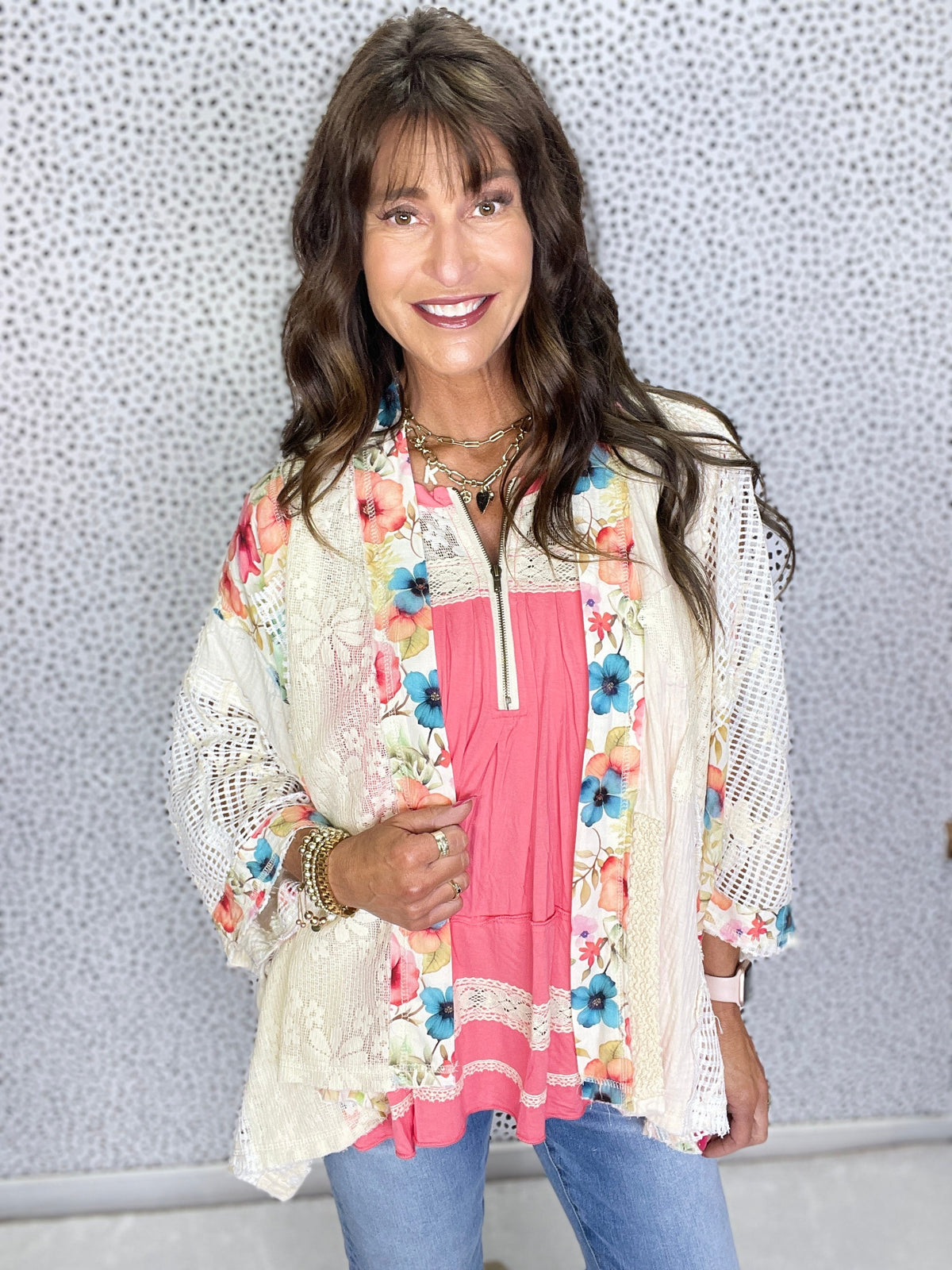 POL Dynamic Flare Open Floral Pattern Cardigan In Natural