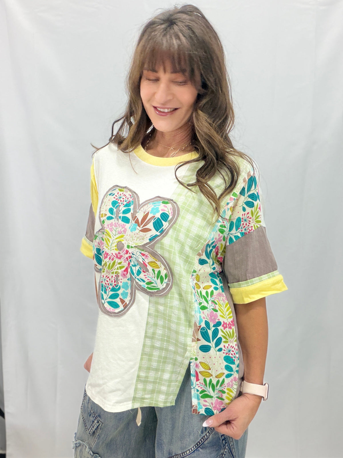 Patchwork Dream Flower Patch Soft Washed Cotton Slub Top In 4 Colors