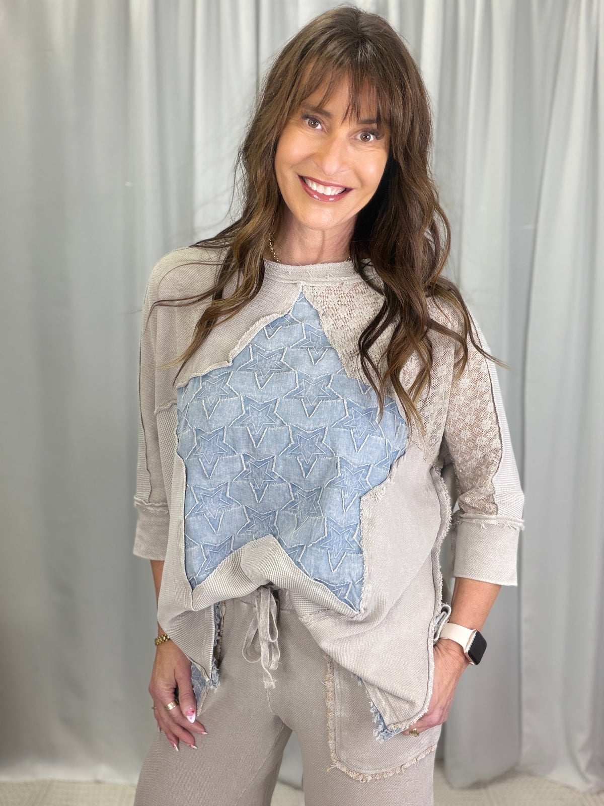 Star Patchwork Quarter Sleeve Top In 3 Colors