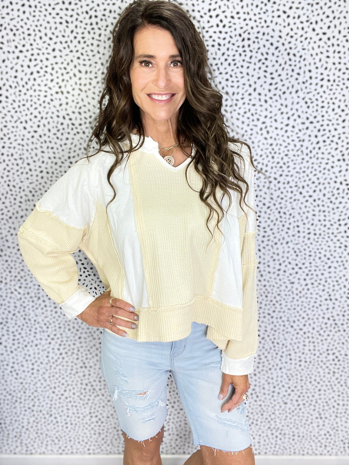 Pol Without You Multi Panel Oversized Top In 4 Colors: Ivory, Blue, Taupe, Brick *Final Sale*