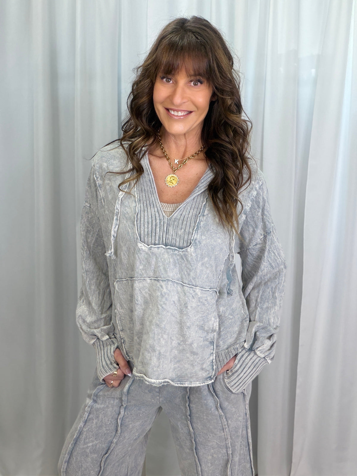 Lucky Lady Ribbed Accent Lightweight Hoodie Top  In 3 Colors