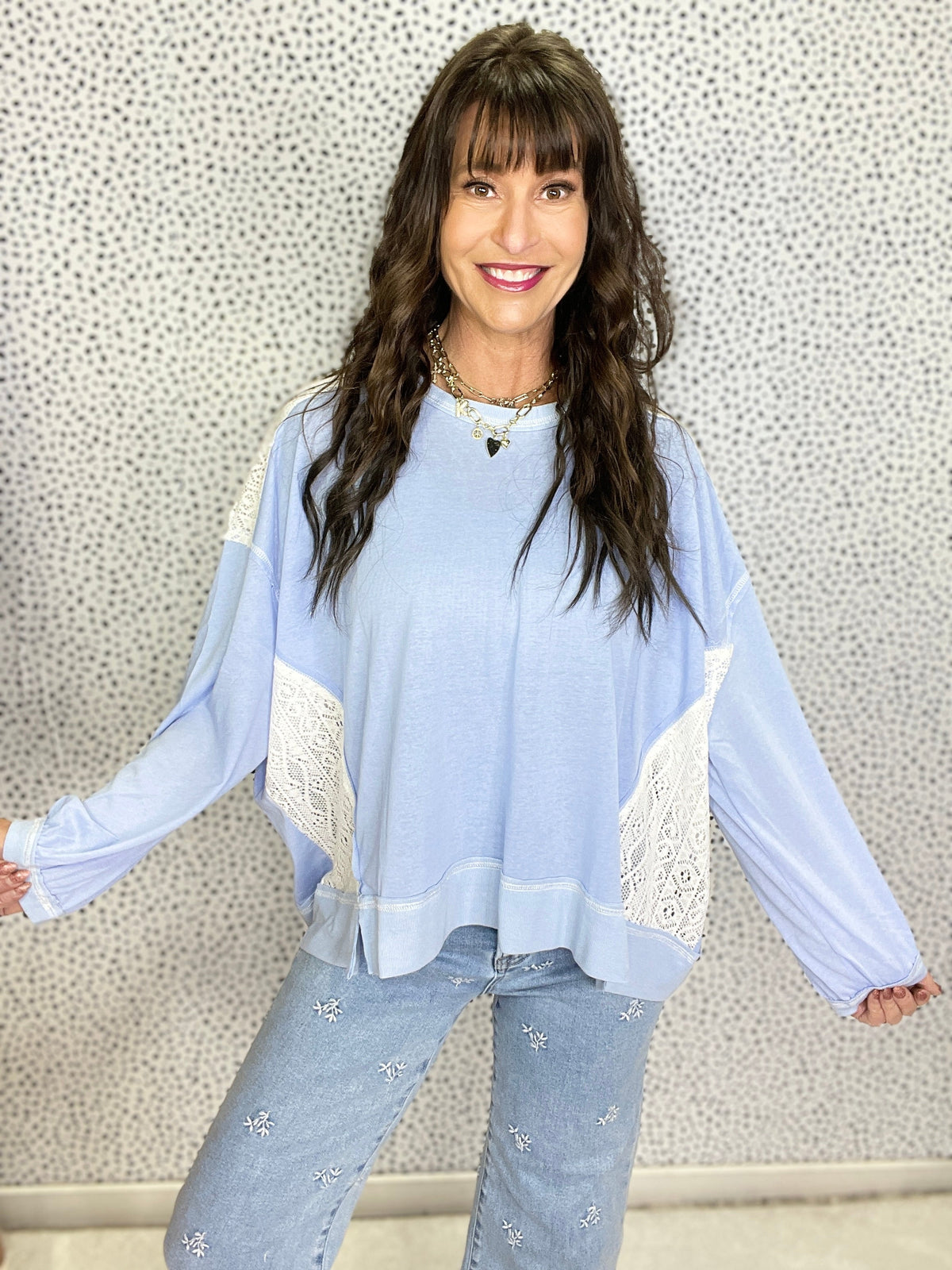 POL Out On The Tracks Lace Patch Long Sleeve Top In Blue