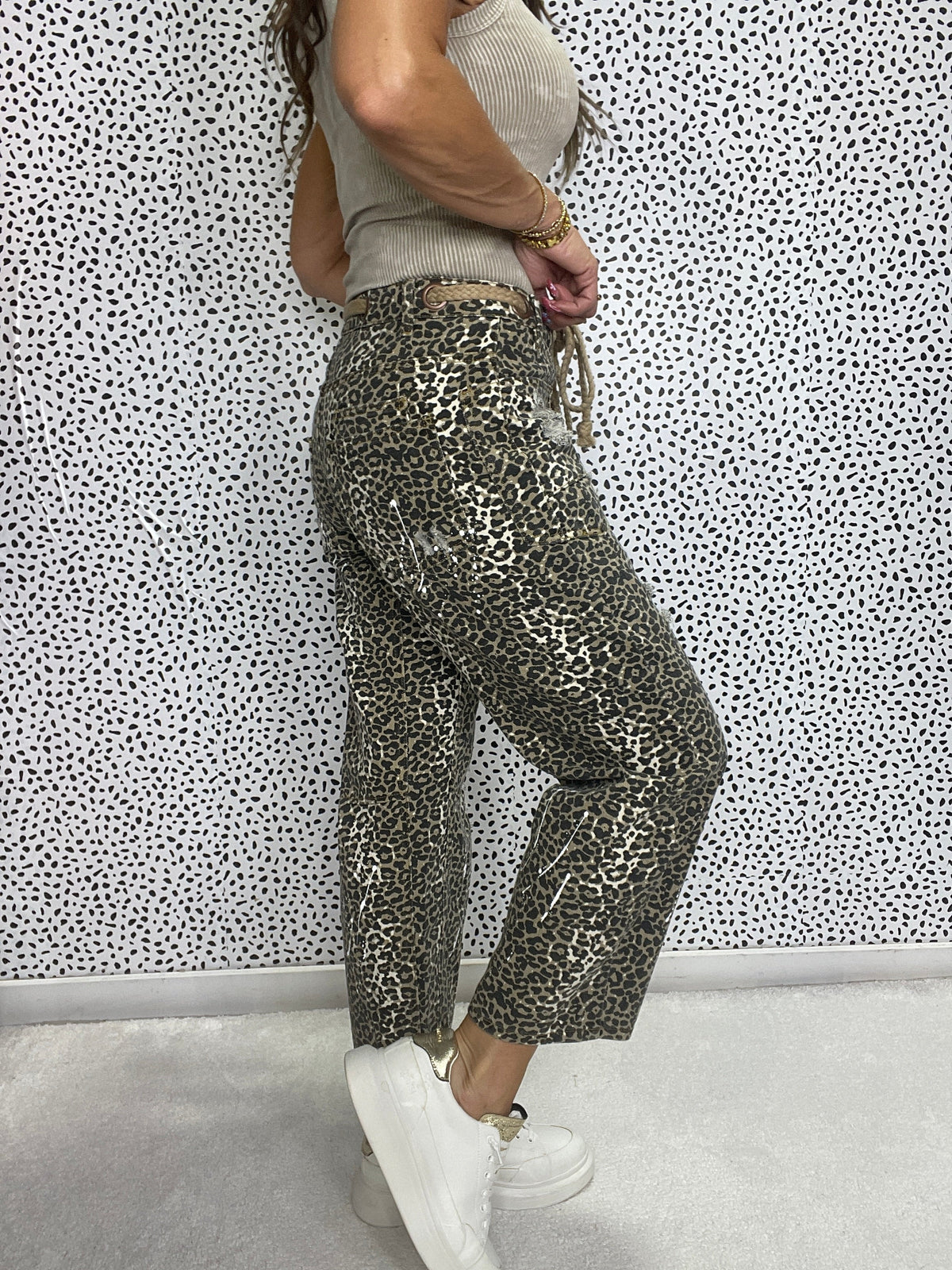 Oli & Hali Washed Distressed Cheetah Print Pants