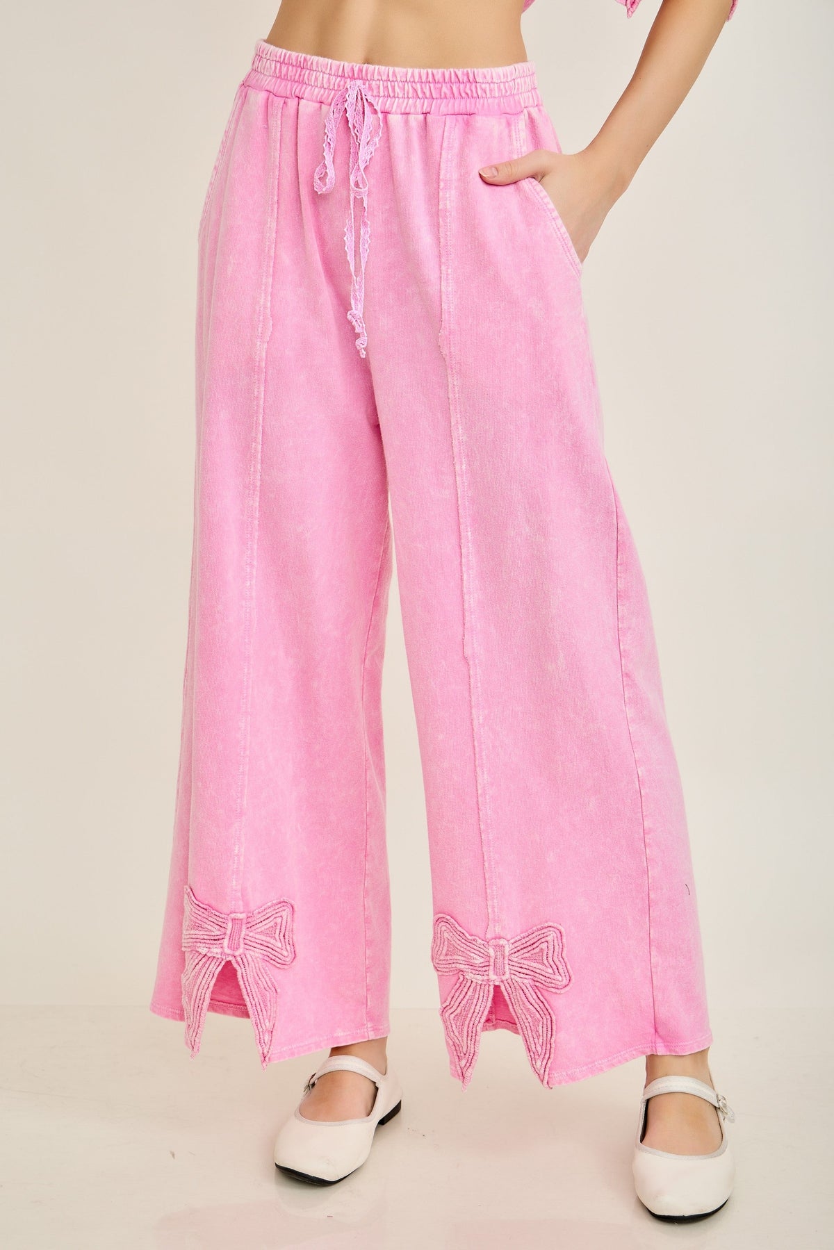 Charmed By Bows Mineral Washed Slit Pants In 6 Colors
